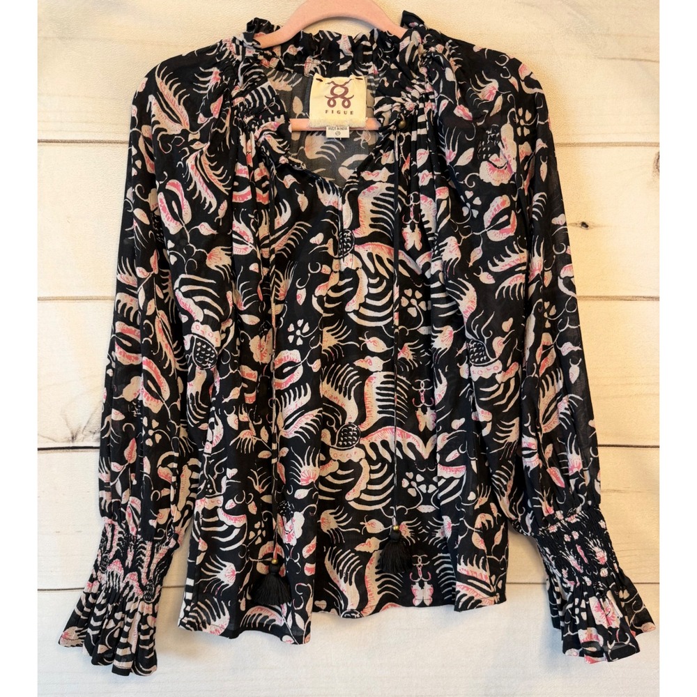 Figue Black Pink Abstract Print Tassel Peasant Blouse XS Smocked Ruffle Top